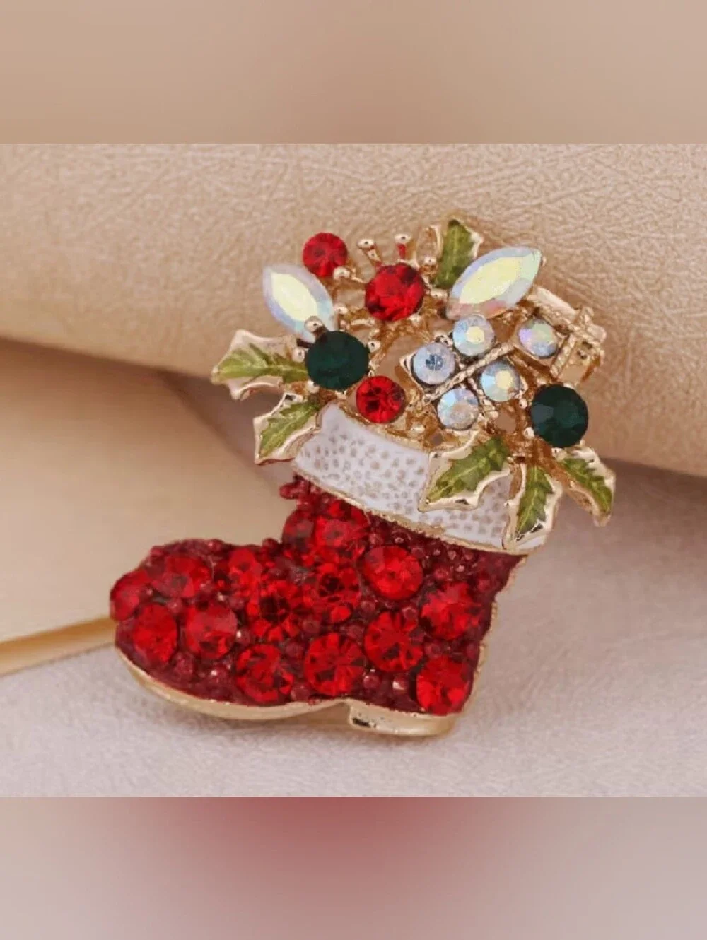 Festive Red Crystal Christmas Stocking Brooch - Women Jewelry